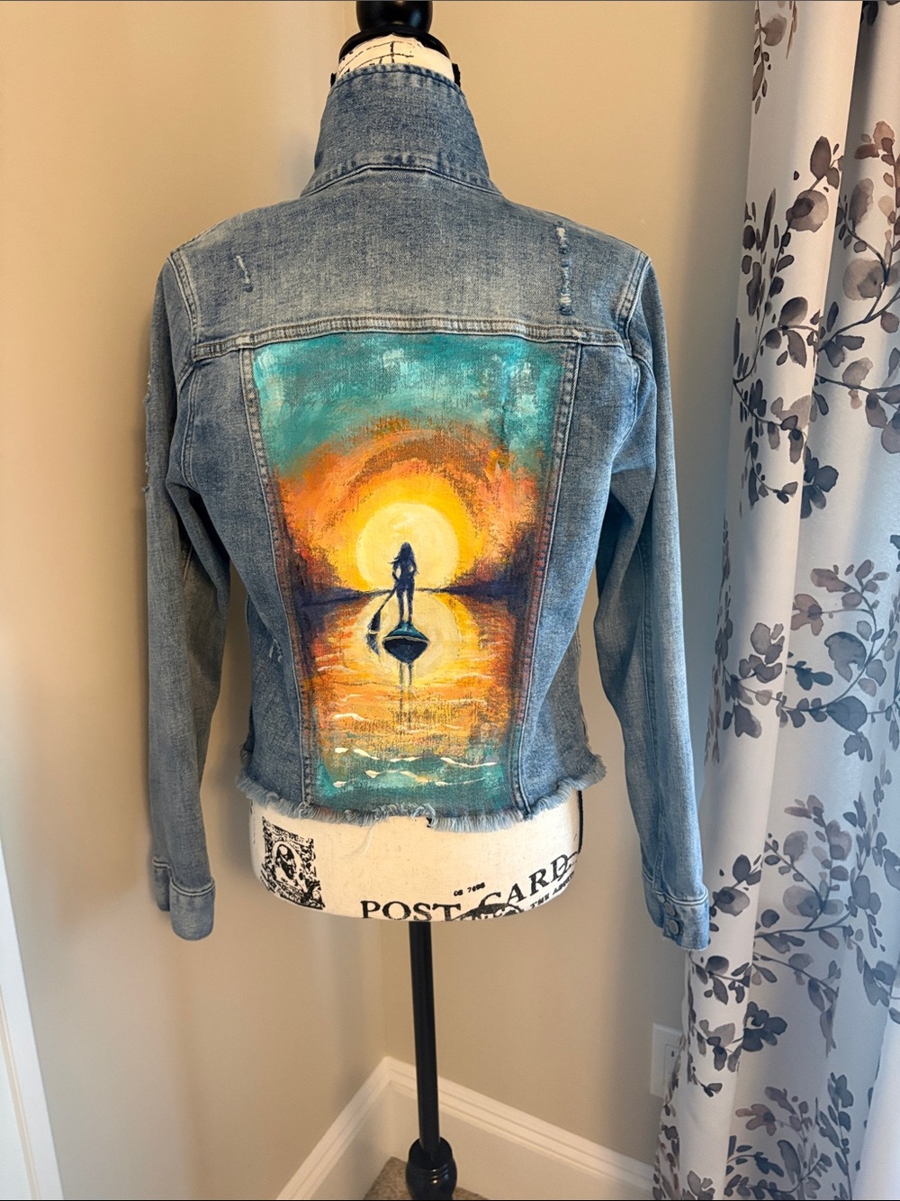 Hand-Painted Denim Jacket with Sunset Paddleboard Art - Blue/Teal/Orange